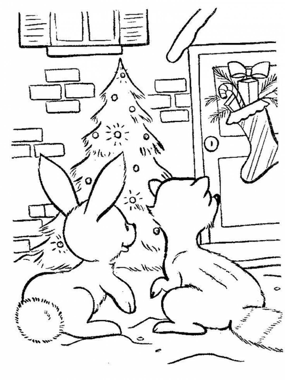 Coloring book Christmas bunny with colorful splashes