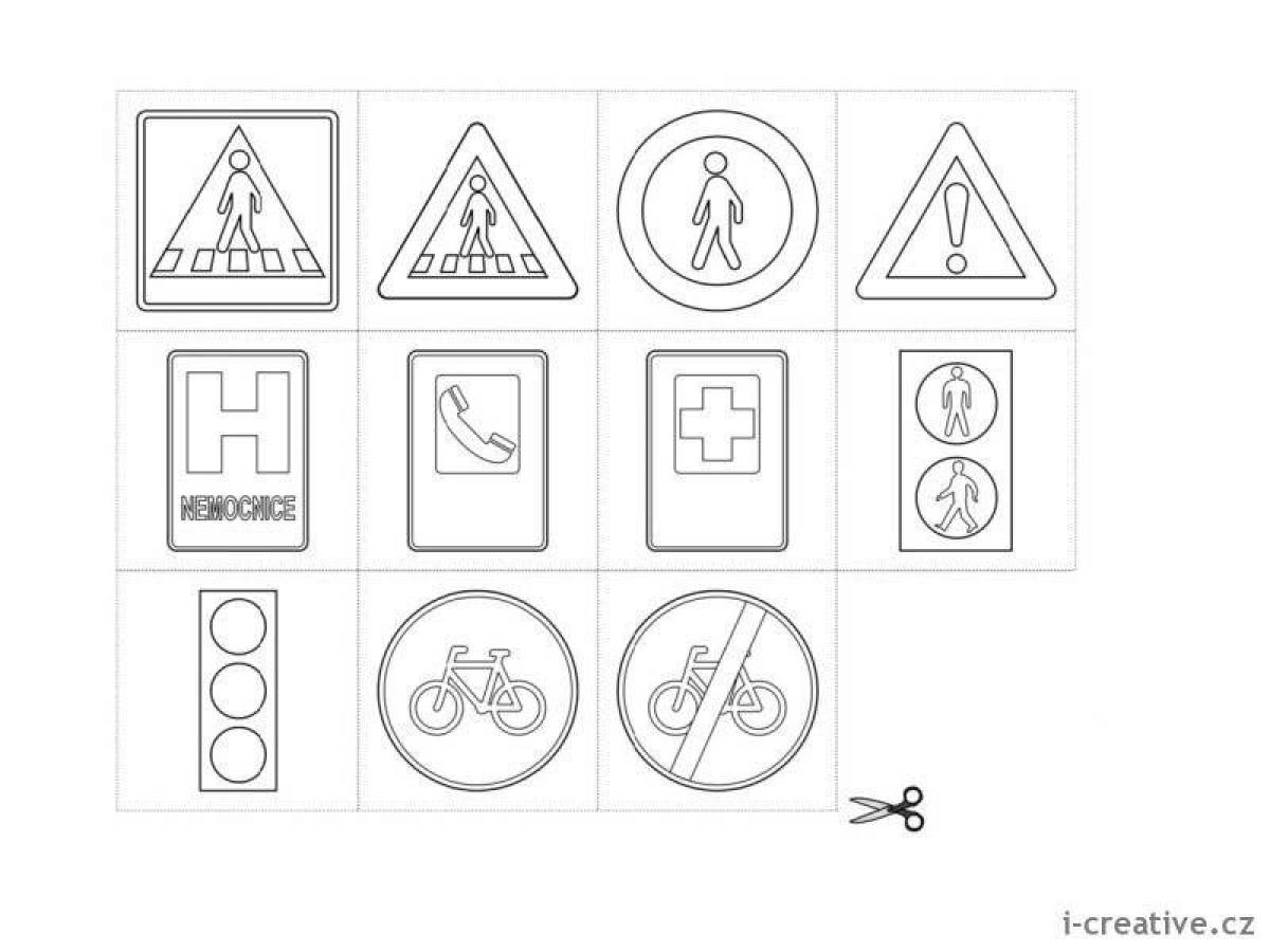 Coloring page funny road sign for kids