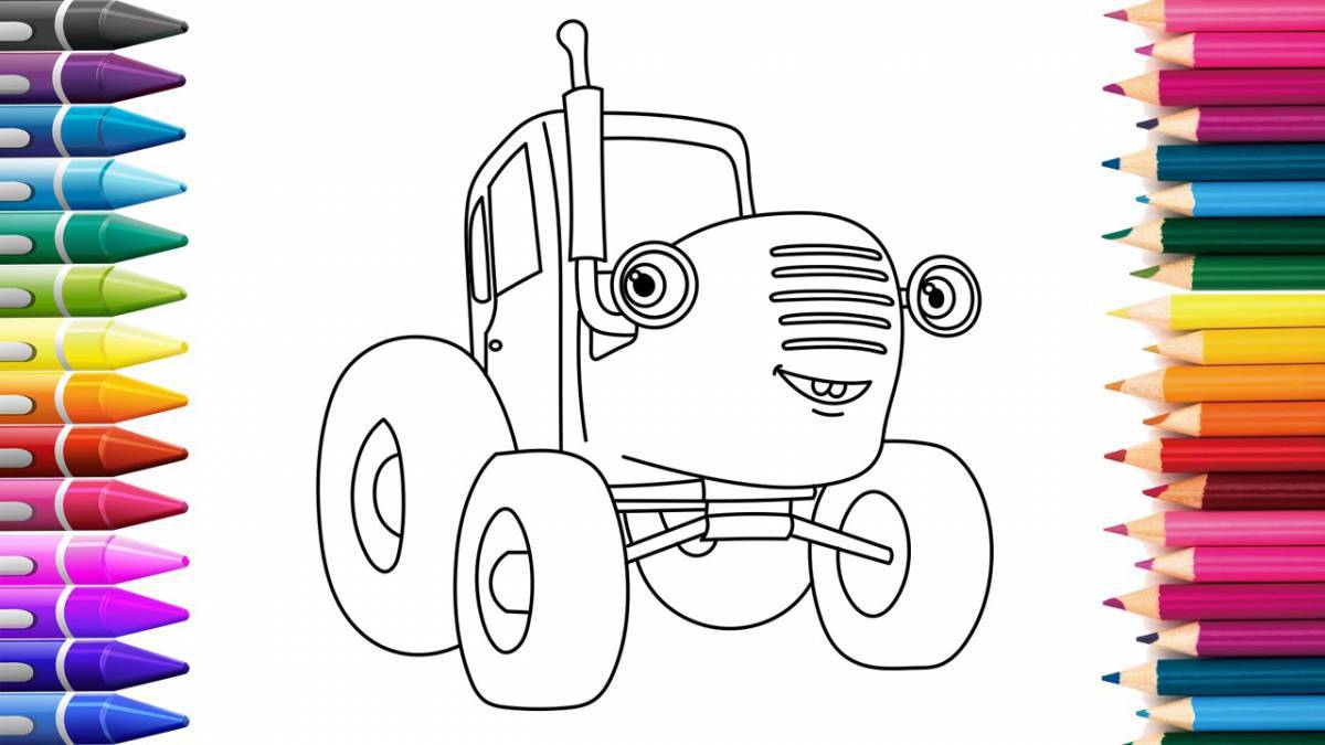 Яркая синяя раскраска трактора для детей