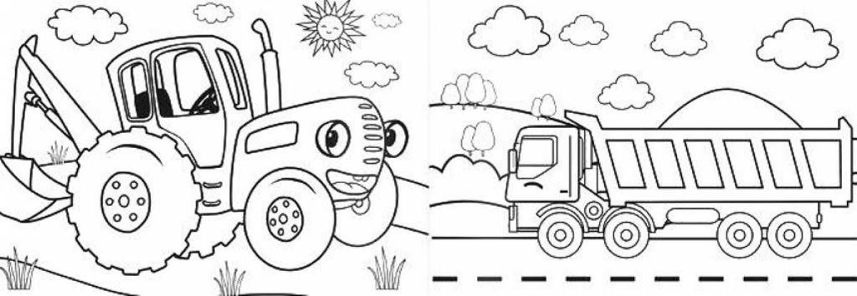 Stylish blue tractor coloring book for kids