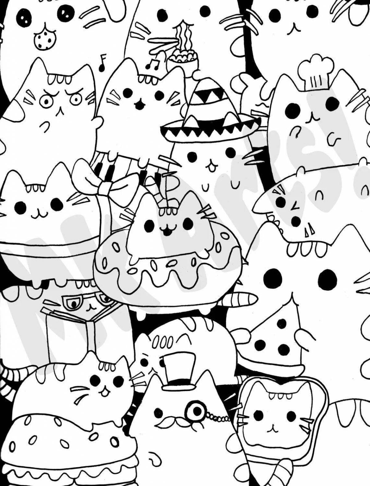 Игривая страница раскраски кавайного кота