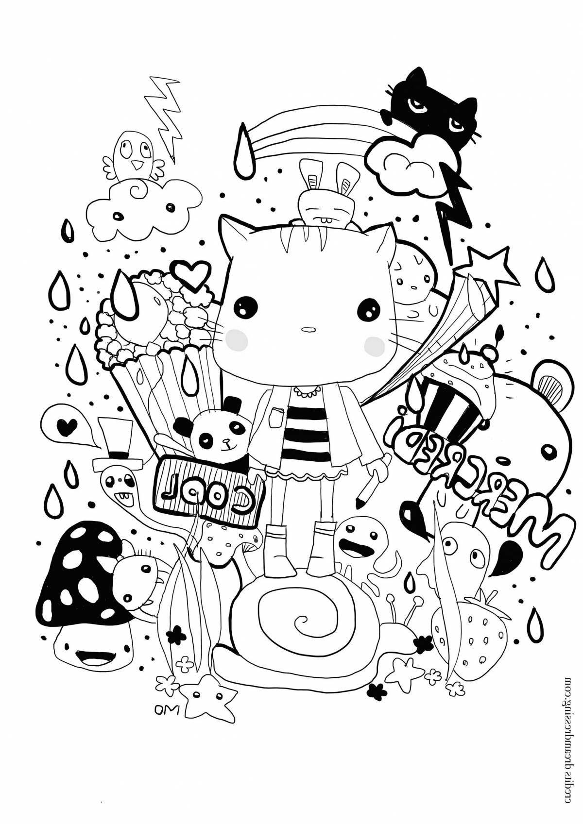 Quirky kawaii cat coloring page