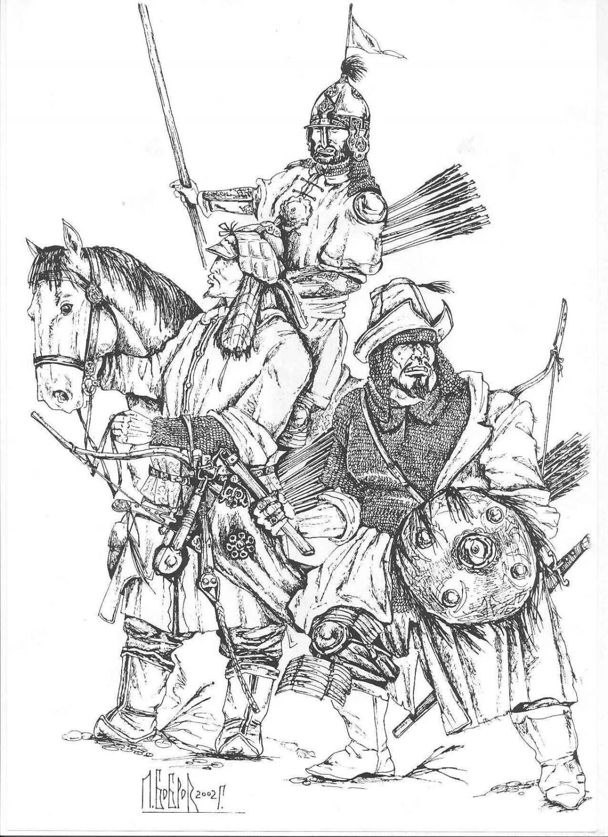 Coloring page noble mongolian warrior