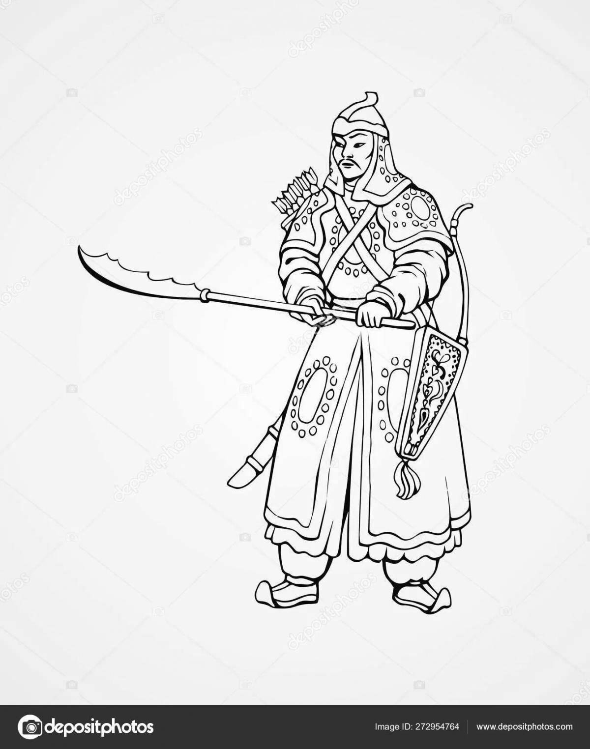 Exquisite Mongolian warrior coloring page