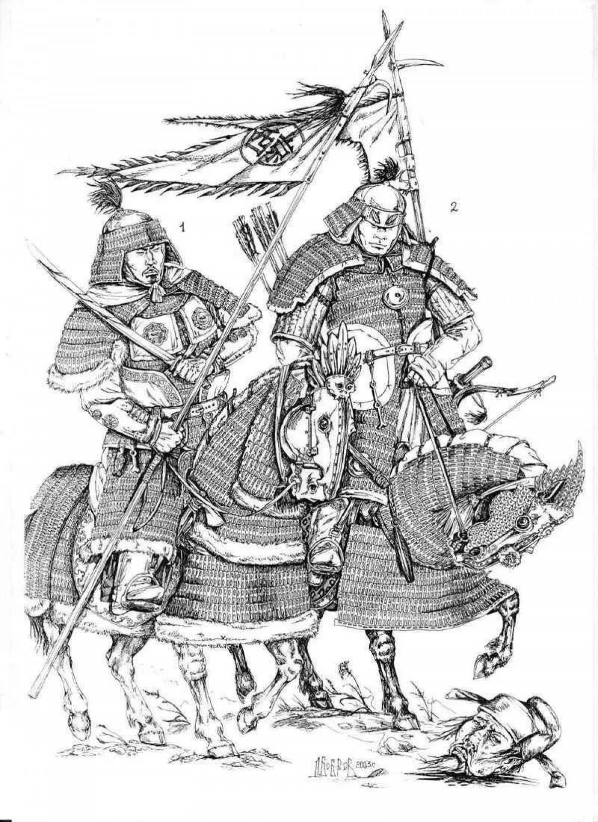 Coloring page elegant mongolian warrior