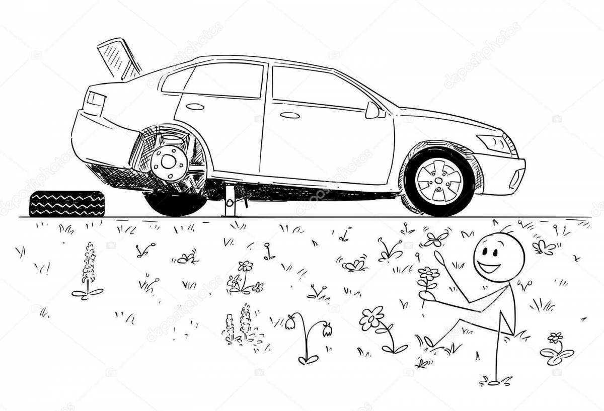 Intricate broken car coloring page
