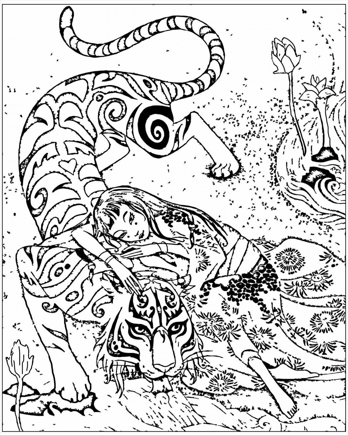 Peace coloring antistress tiger cub
