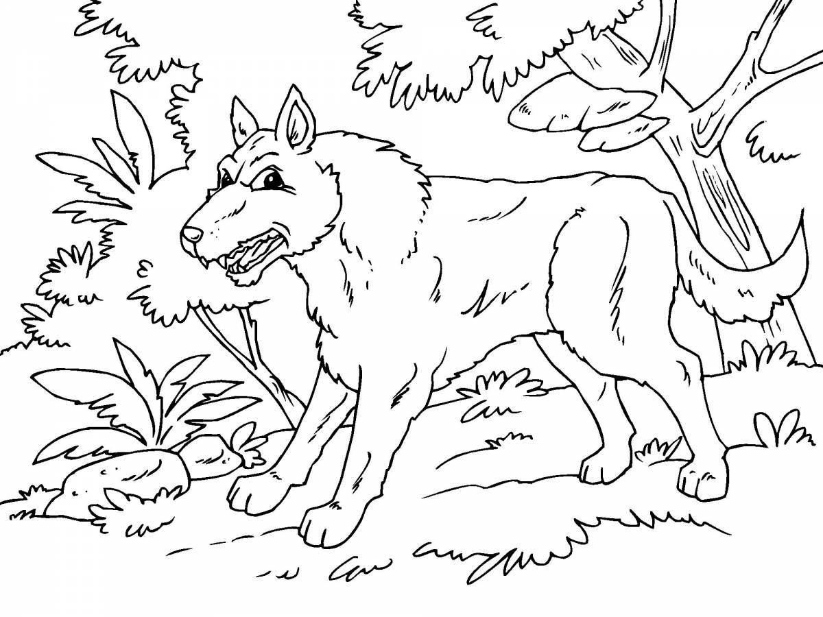 Coloring book fluffy white winter wolf