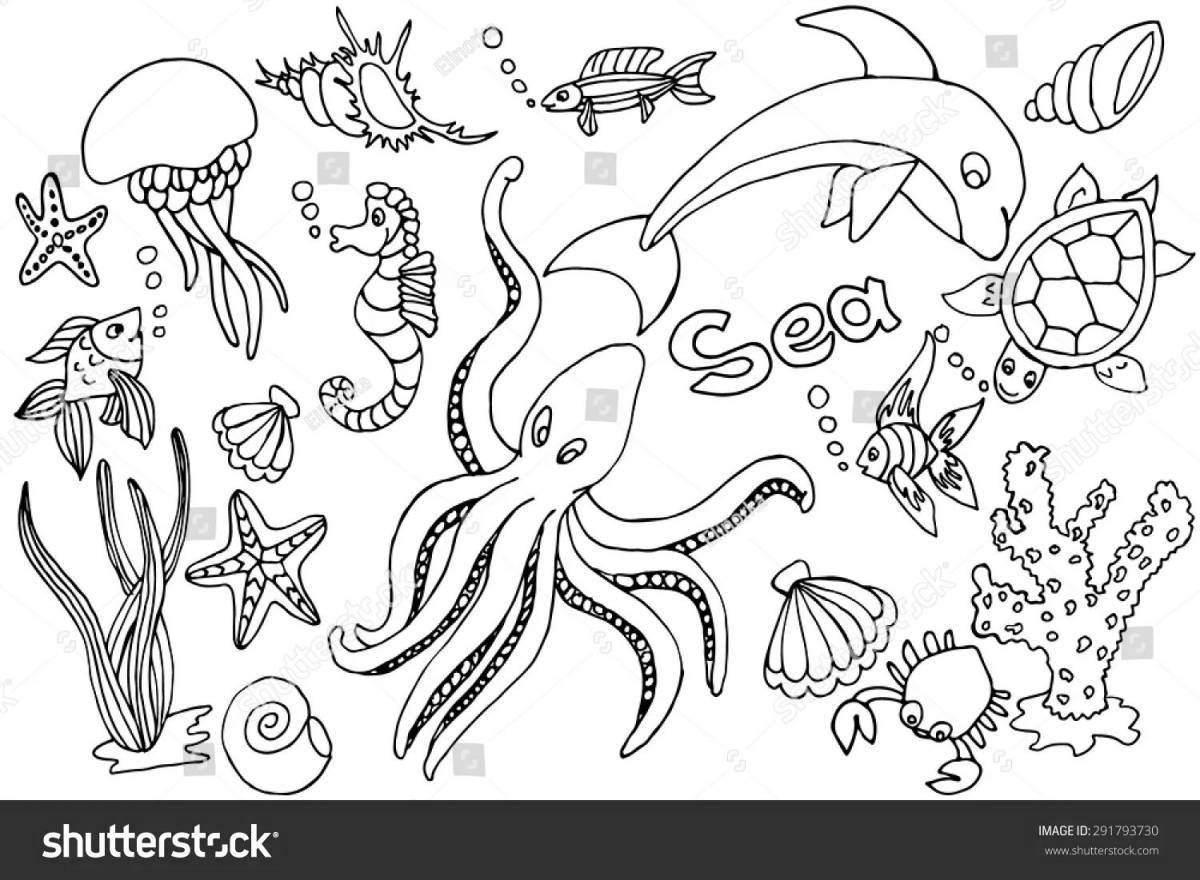 Radiant coloring page underwater inhabitants