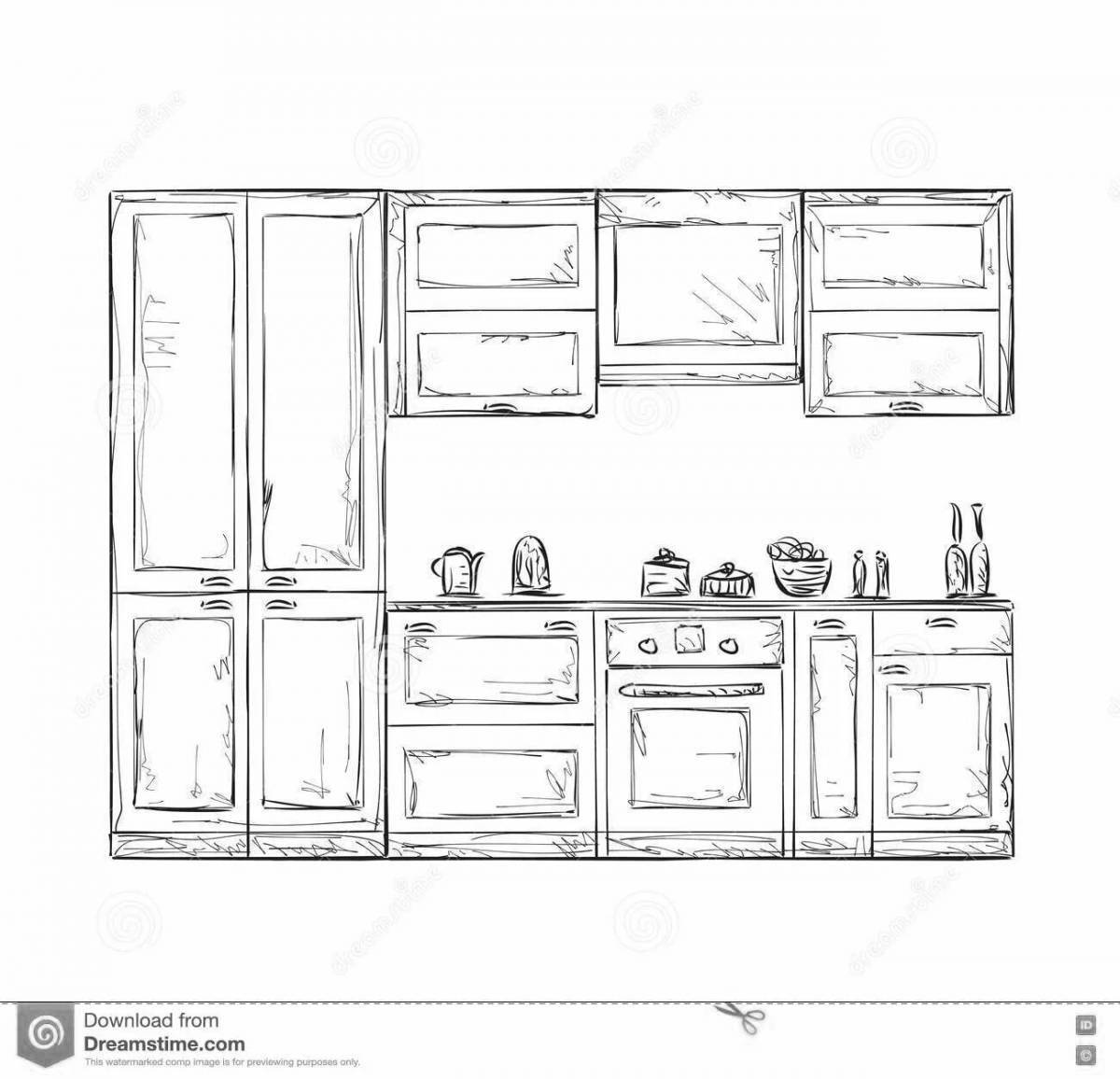 Красочная страница раскраски кухонного гарнитура