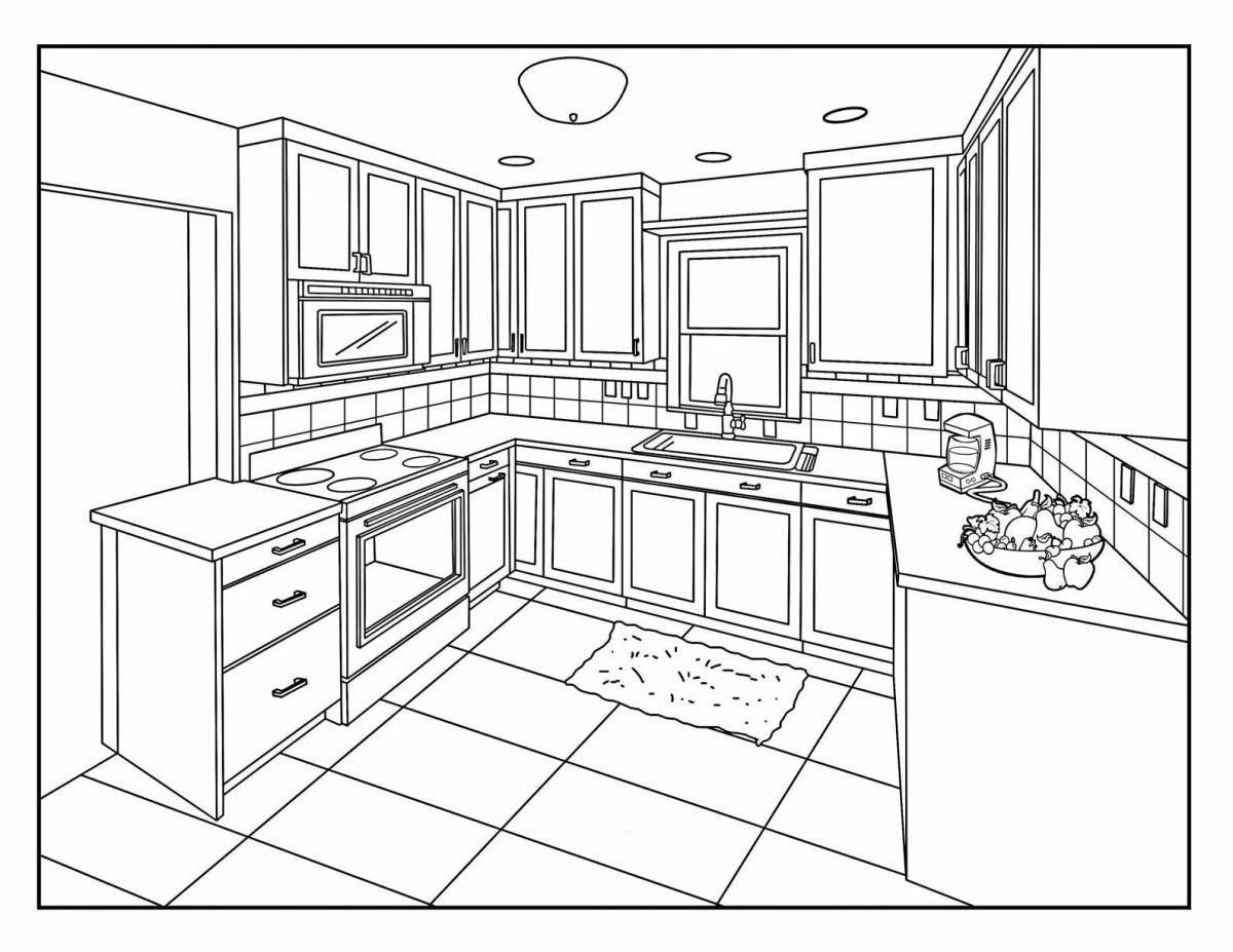 Coloring book cheerful kitchen set