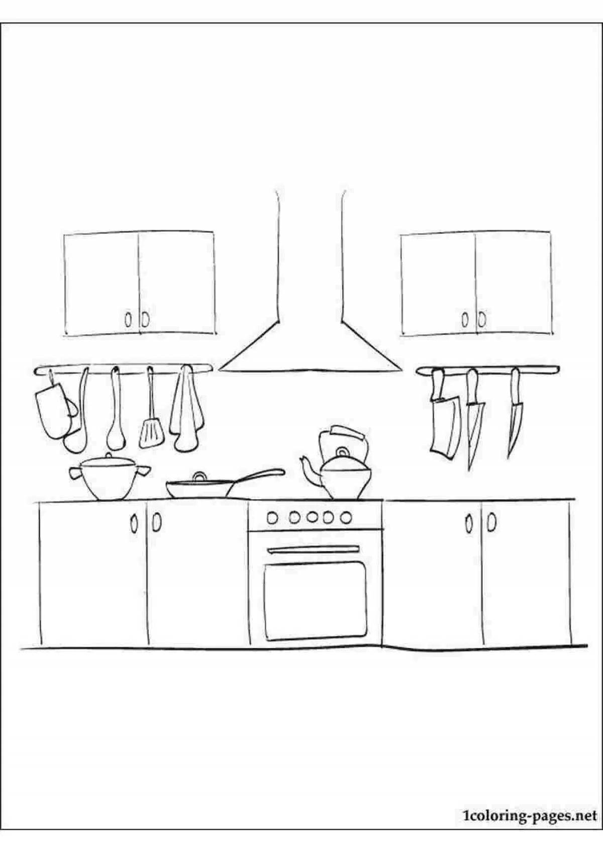 Веселая страница раскраски кухонного гарнитура