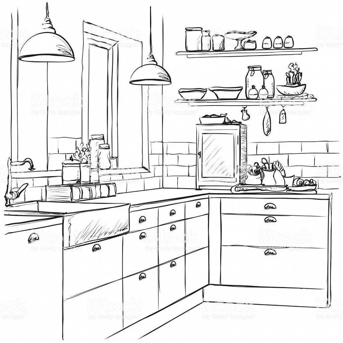 Photo Living kitchen set coloring page
