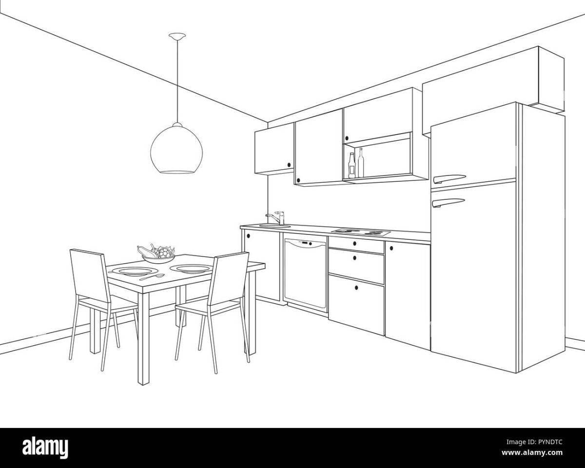 Coloring page cozy kitchen set