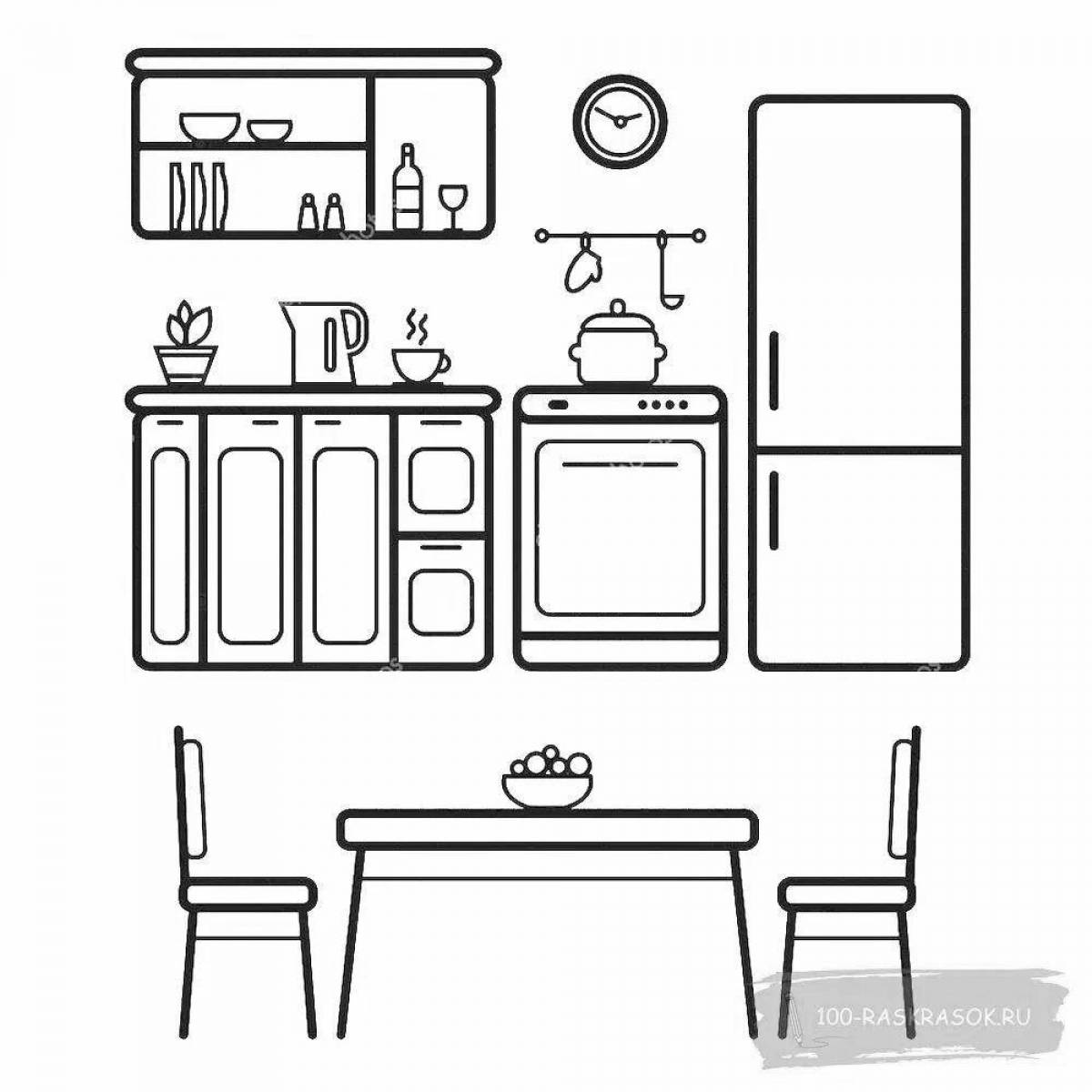 Раскраска удобный кухонный гарнитур