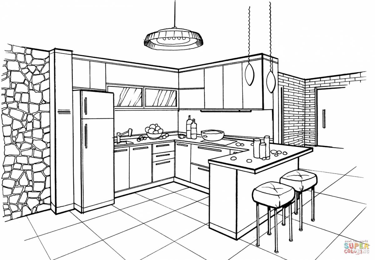 Photo Coloring book refreshing kitchen set