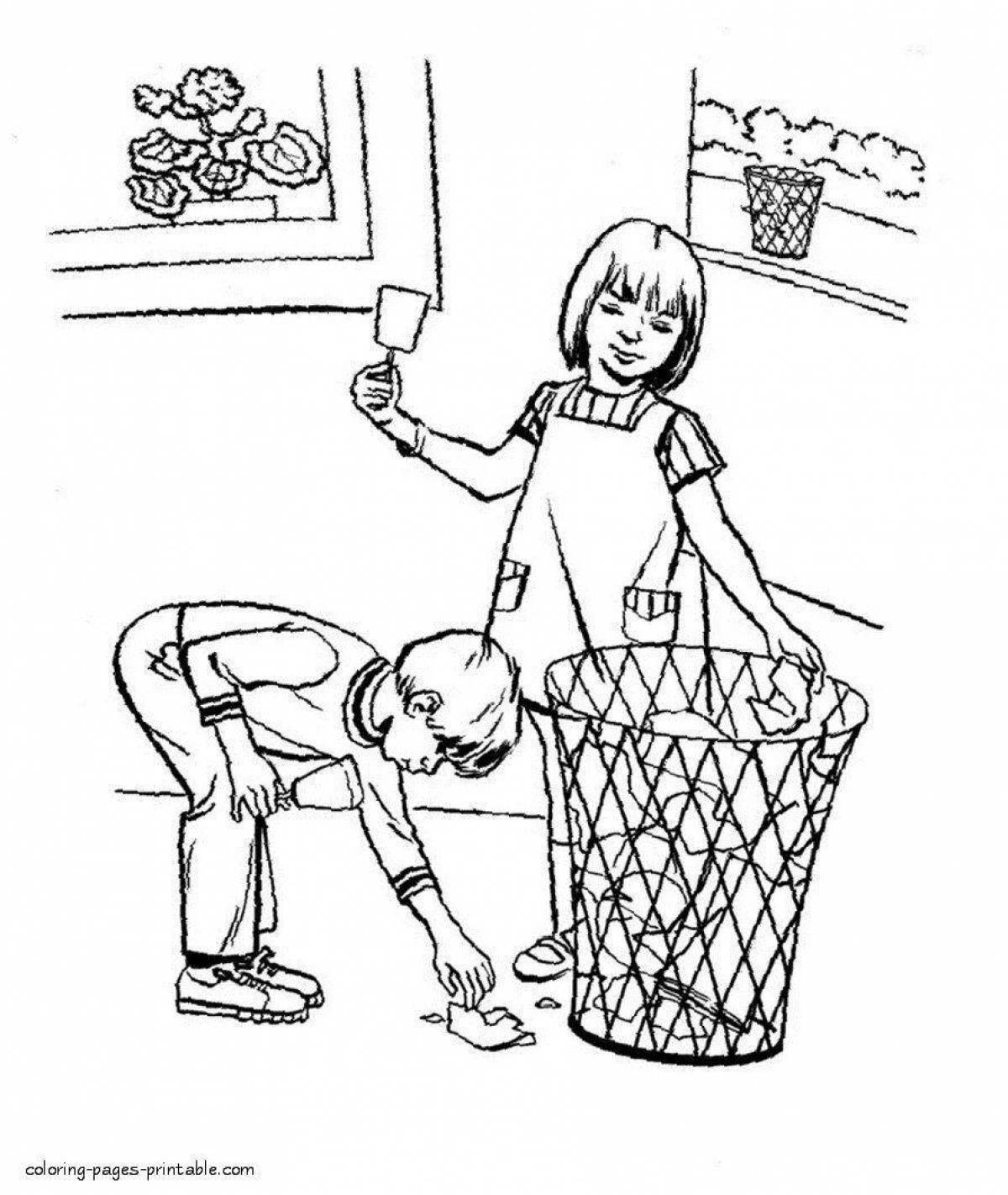 Playful garbage collection coloring page