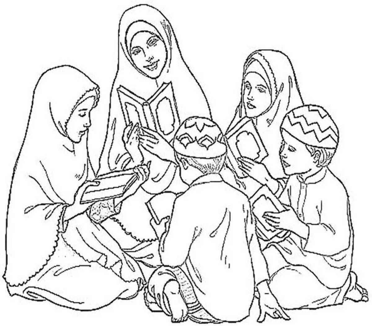 Раскраска веселая мусульманская семья