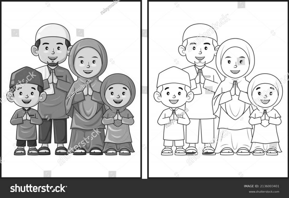 Coloring page loving muslim family