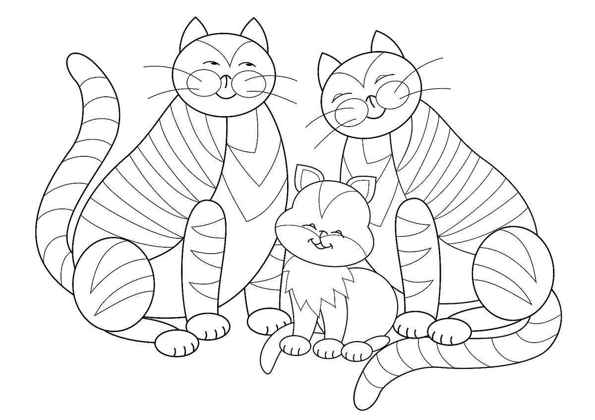 Раскраска расслабляющая кошачья семья