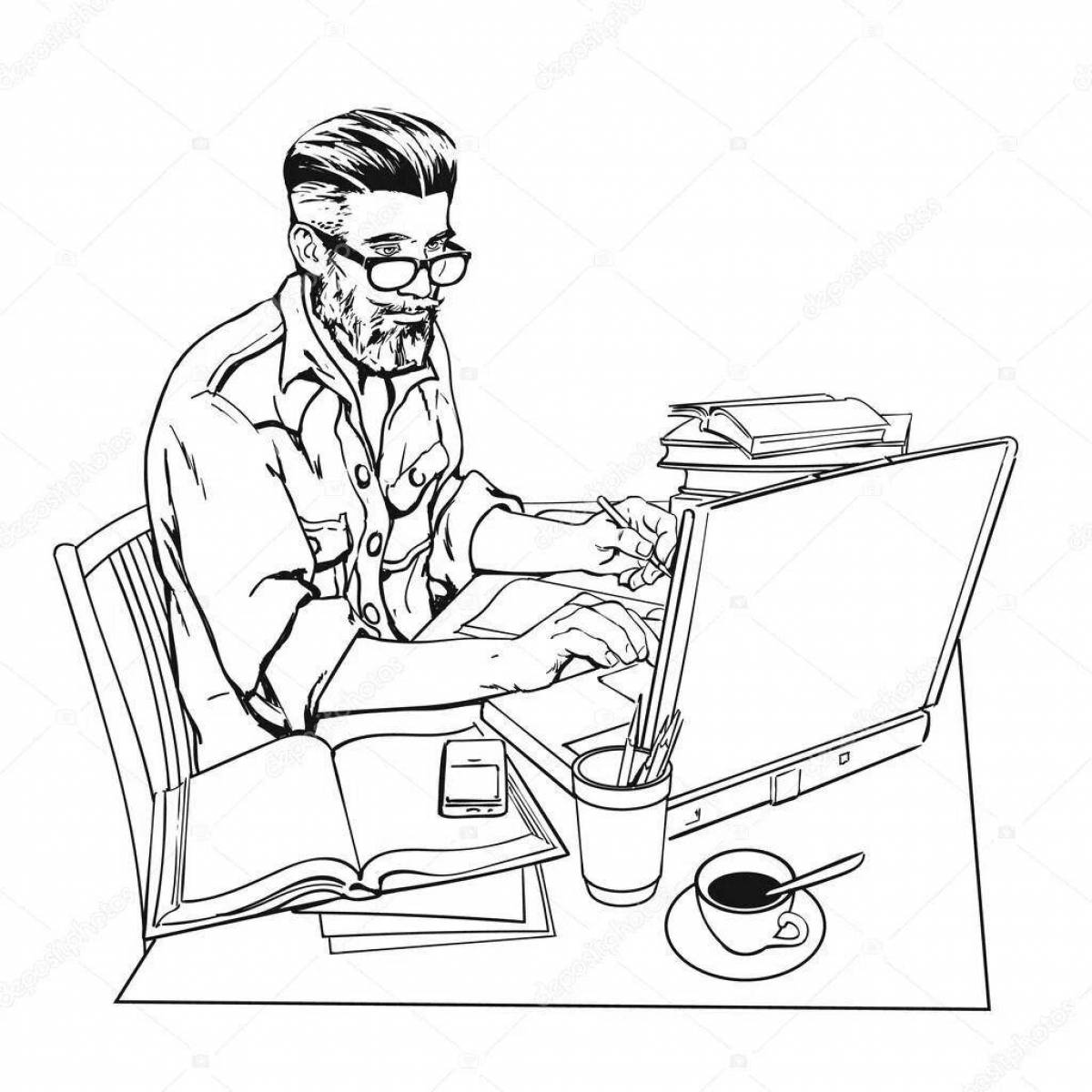 Мужчина за компьютером нарисованный