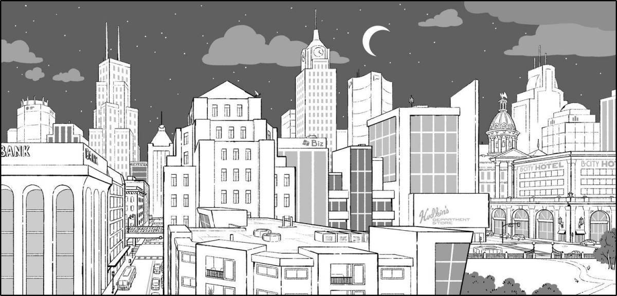 Coloring book glorious night city