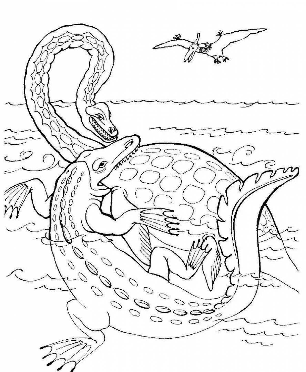 Игривая страница раскраски подводного динозавра
