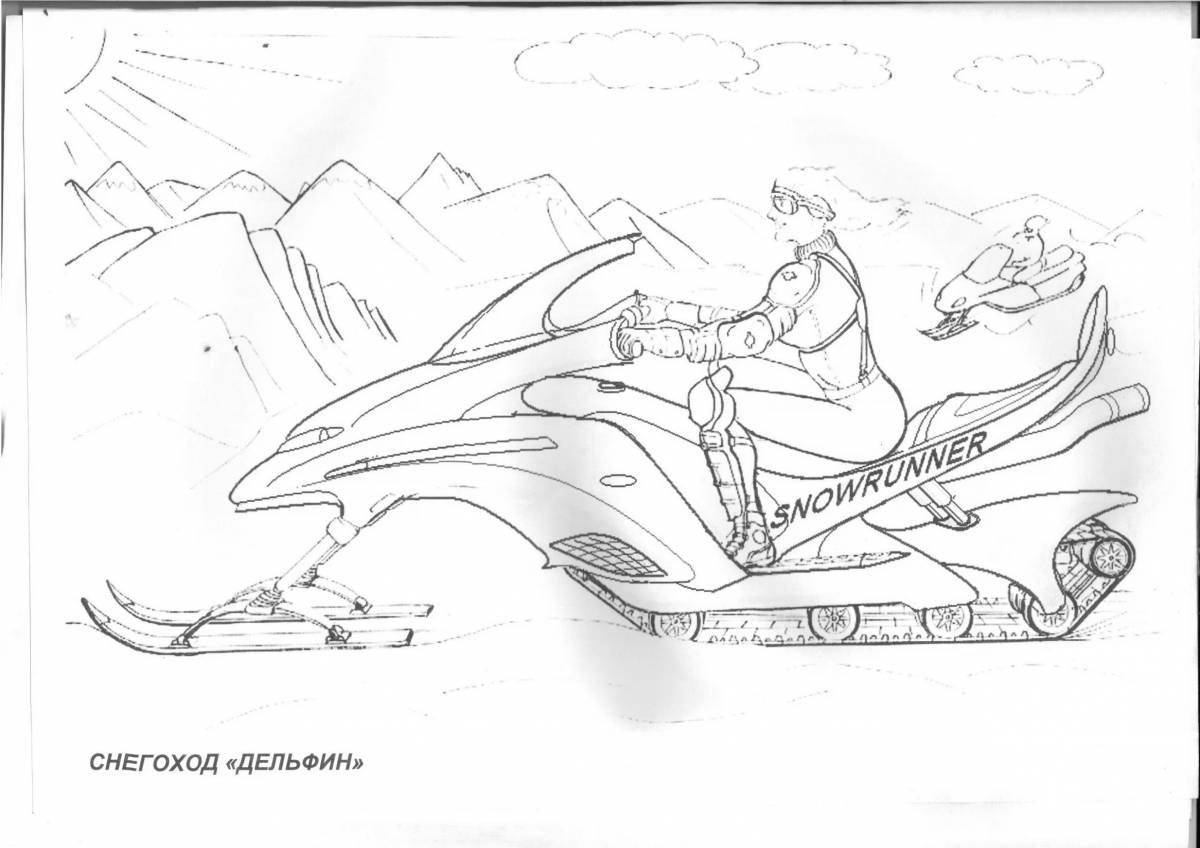 Coloring book shiny snowmobile blizzard