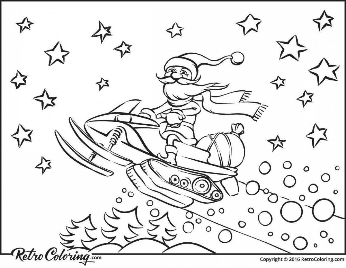 Coloring book glowing snowmobile blizzard