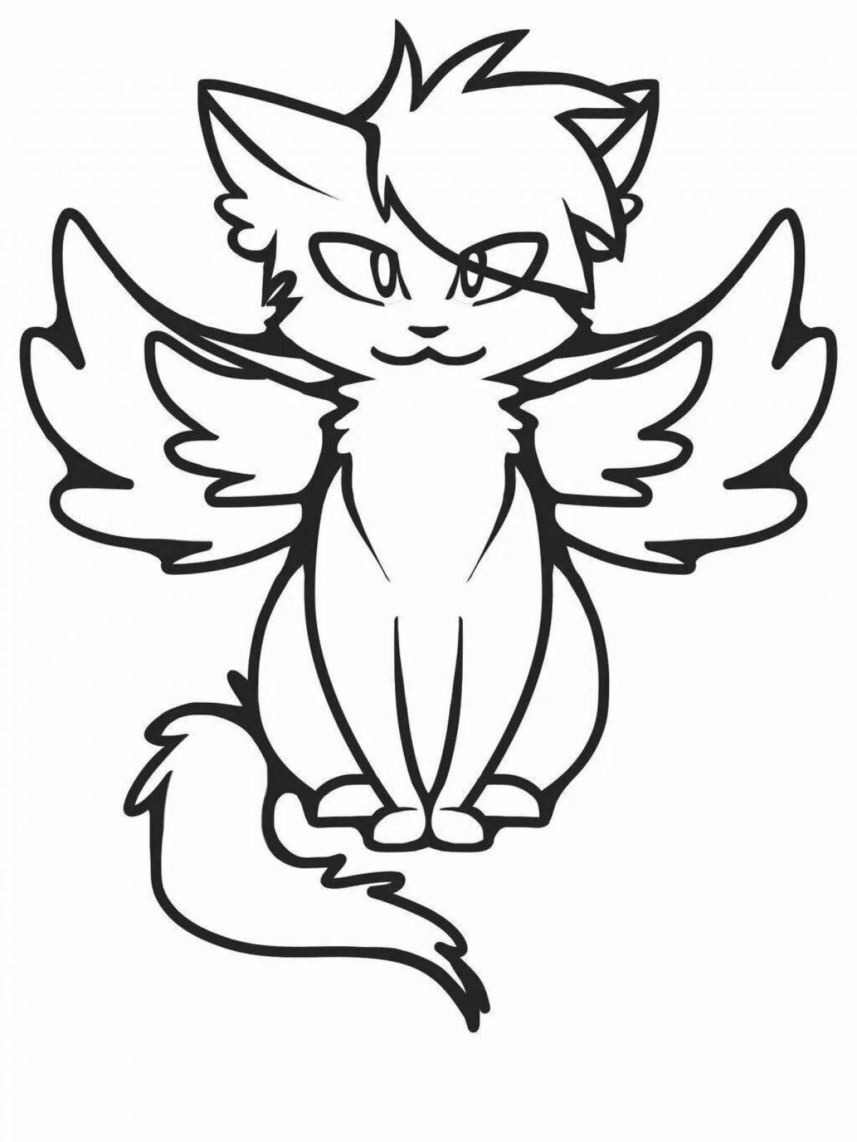 Coloring book fluffy flying cat