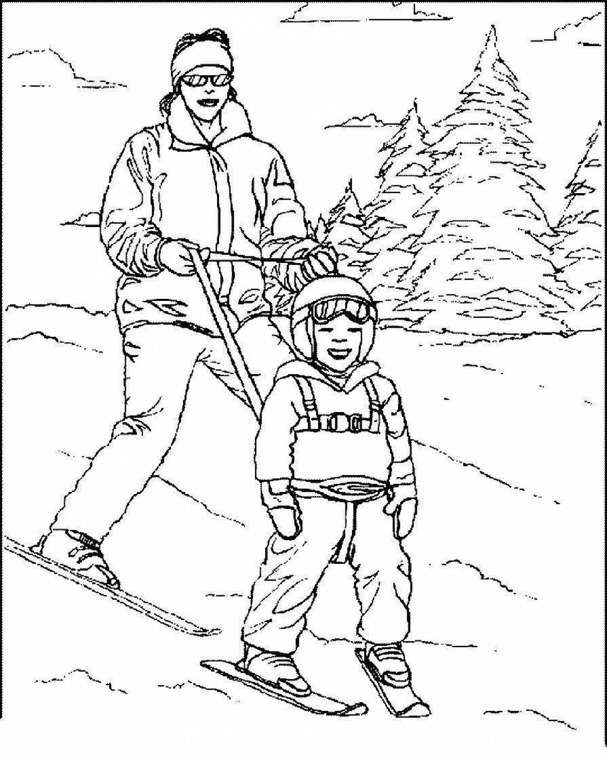 Раскраска дети катаются на лыжах
