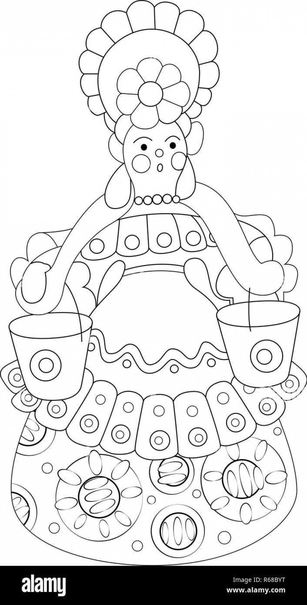 Coloring page charming Dymkovo doll