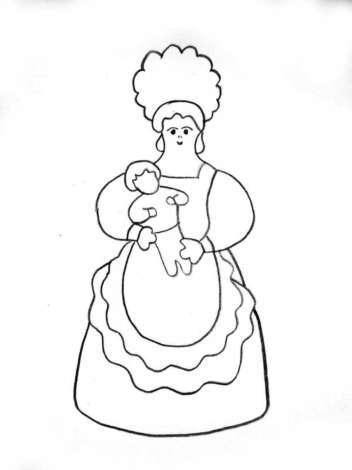 Coloring page gorgeous Dymkovo doll