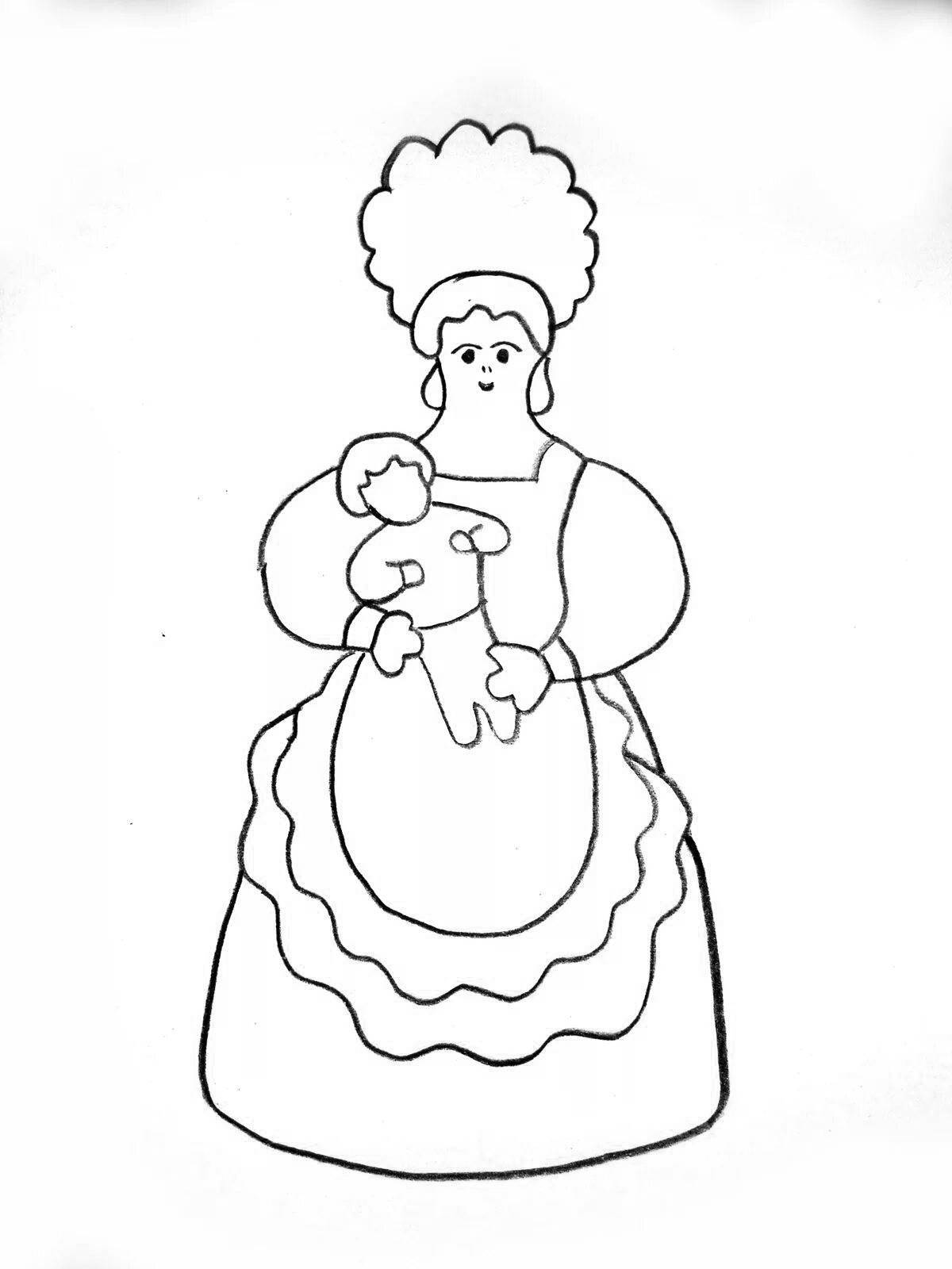 Coloring page gorgeous Dymkovo doll
