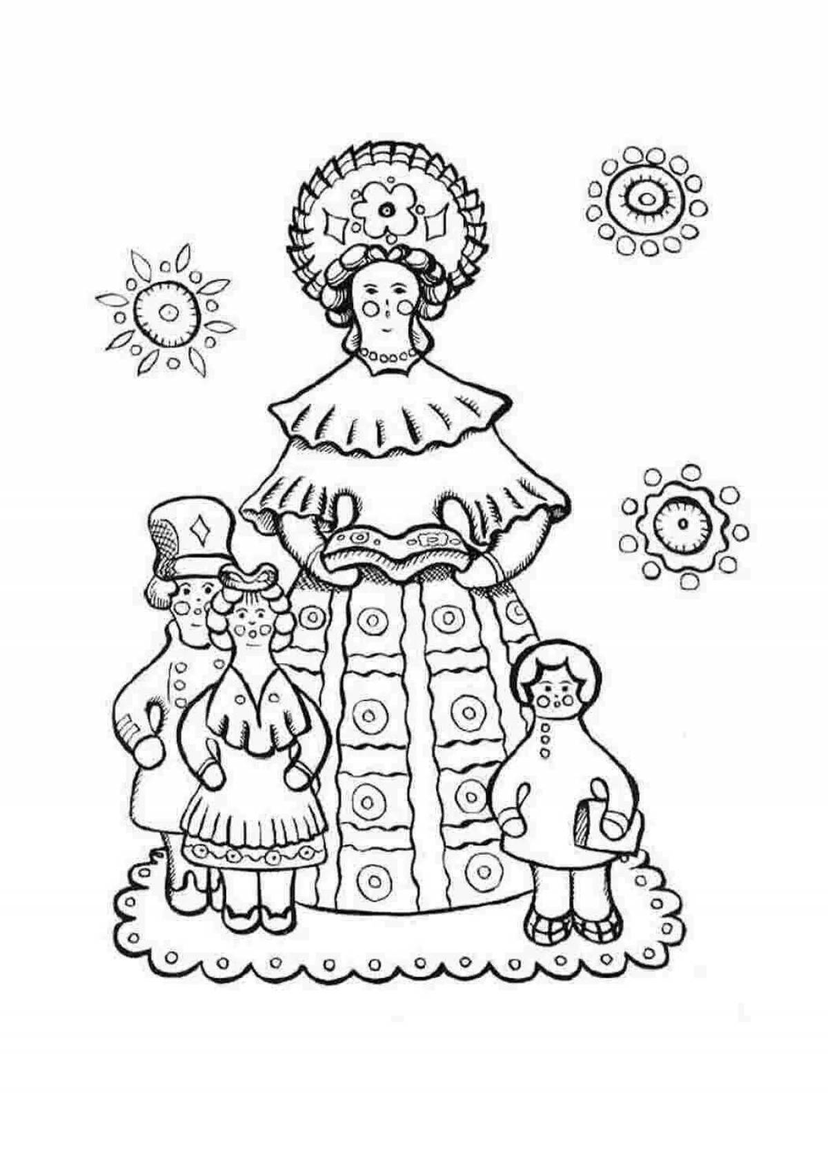 Coloring book glowing Dymkovo doll