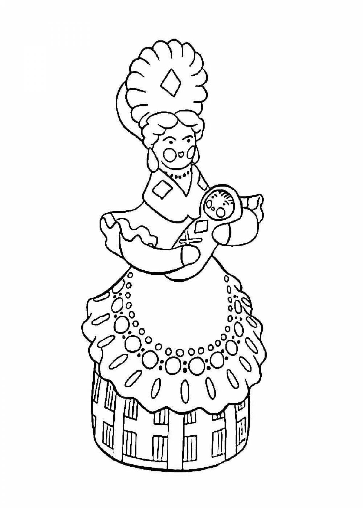 Coloring quirky Dymkovo doll