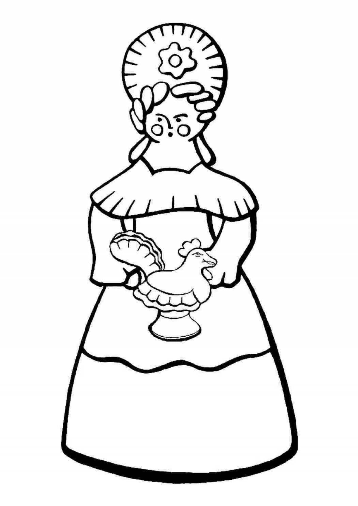 Coloring page funny Dymkovo doll