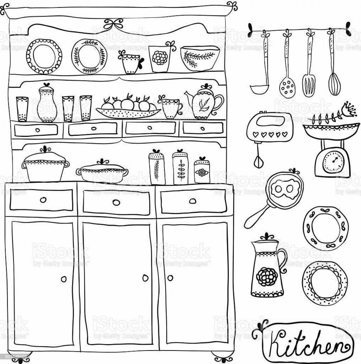 Красочная страница раскраски кухонного шкафа