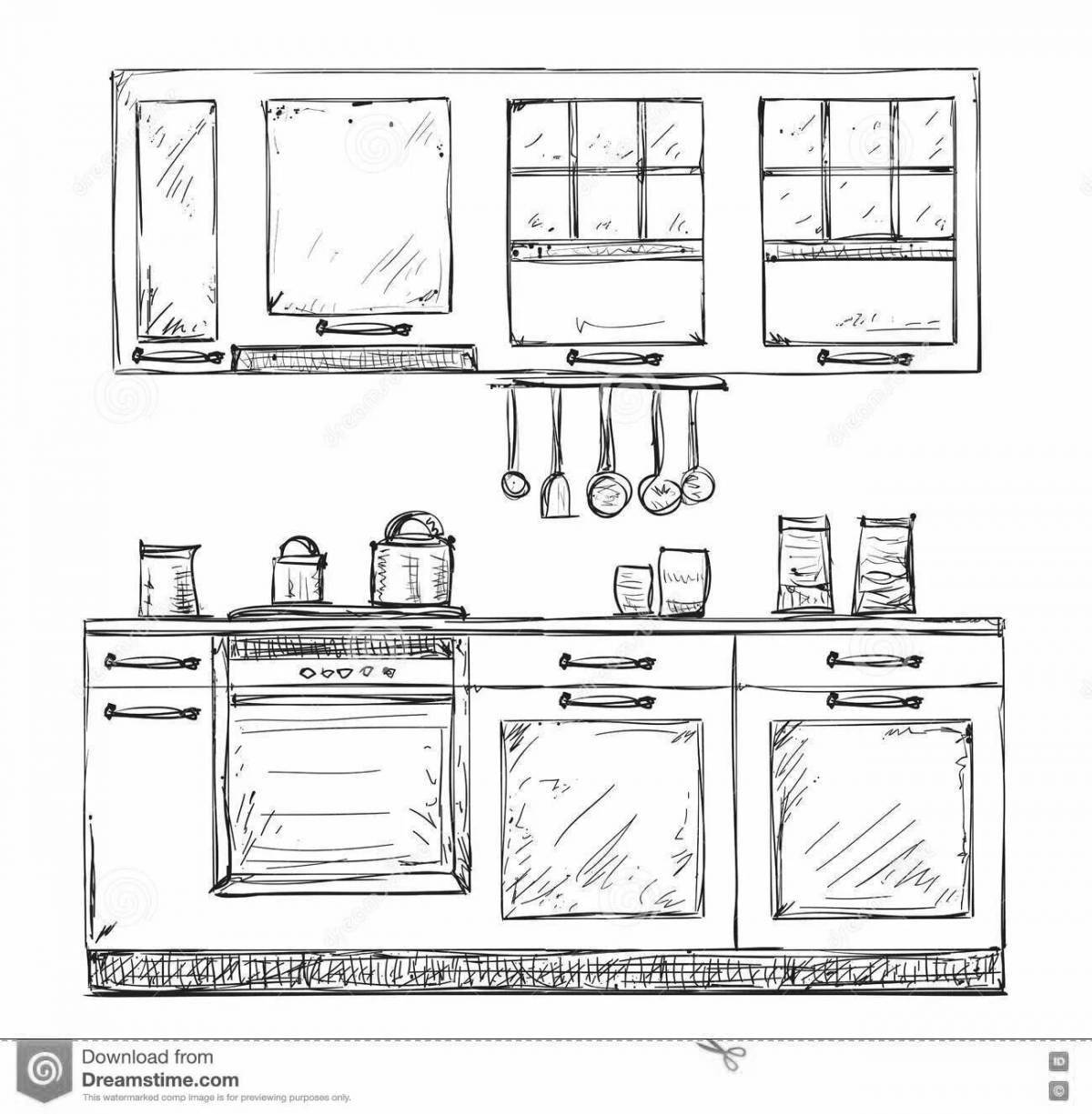 Яркая страница раскраски кухонного шкафа