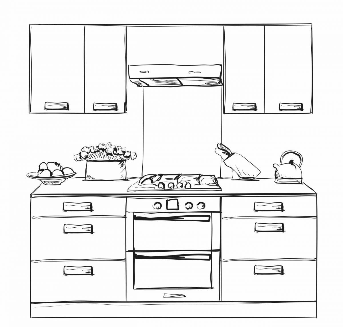Coloring book cheerful kitchen cabinet