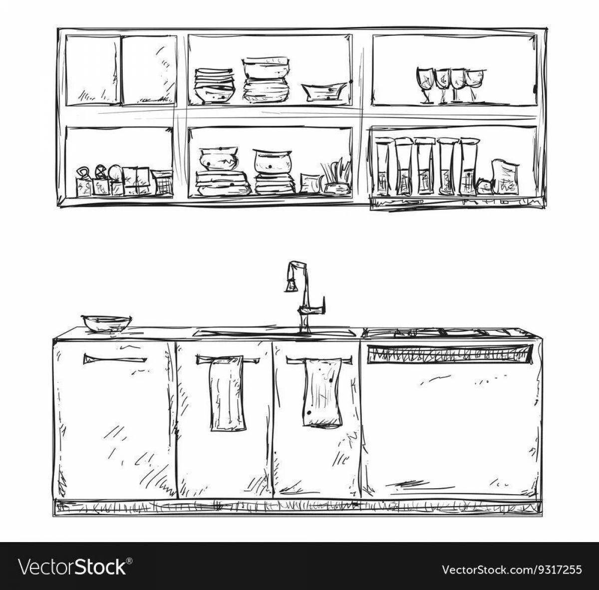 Радостная страница раскраски кухонного шкафа