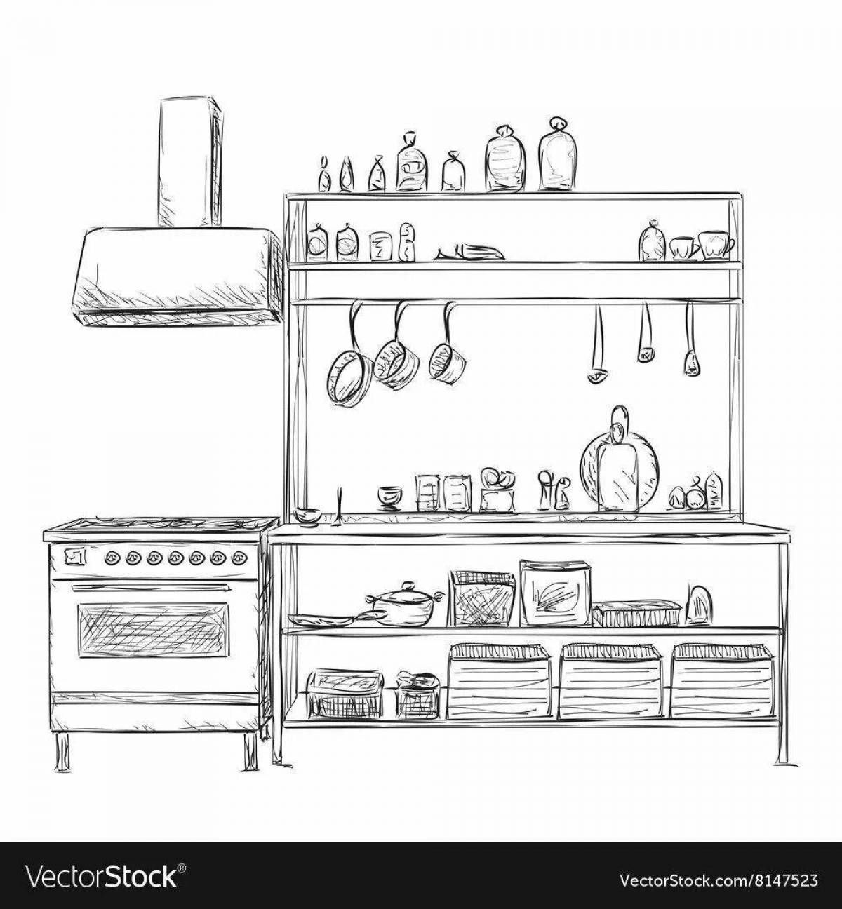 Coloring page cozy kitchen cabinet