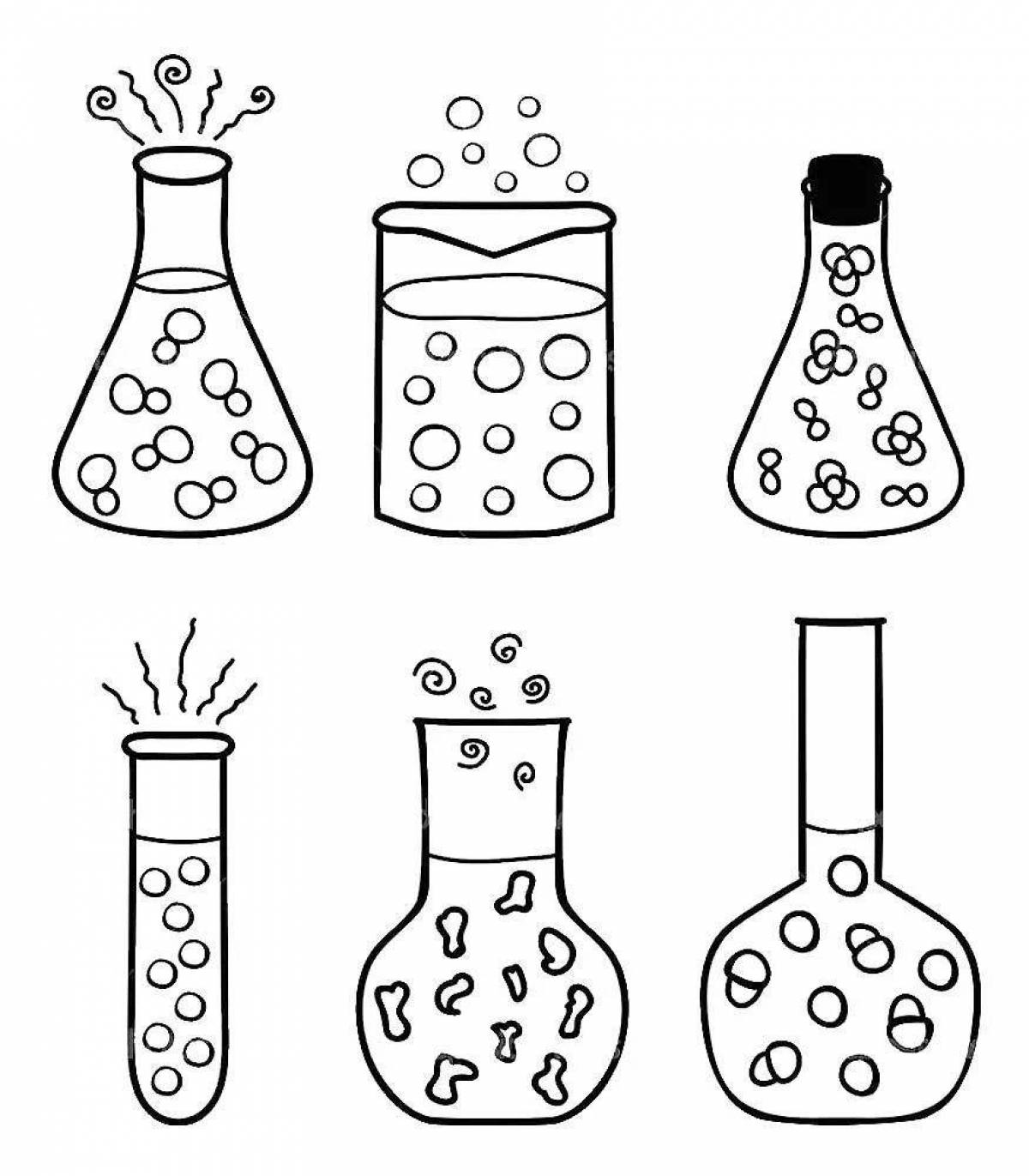 Coloring page shimmering chemical flasks
