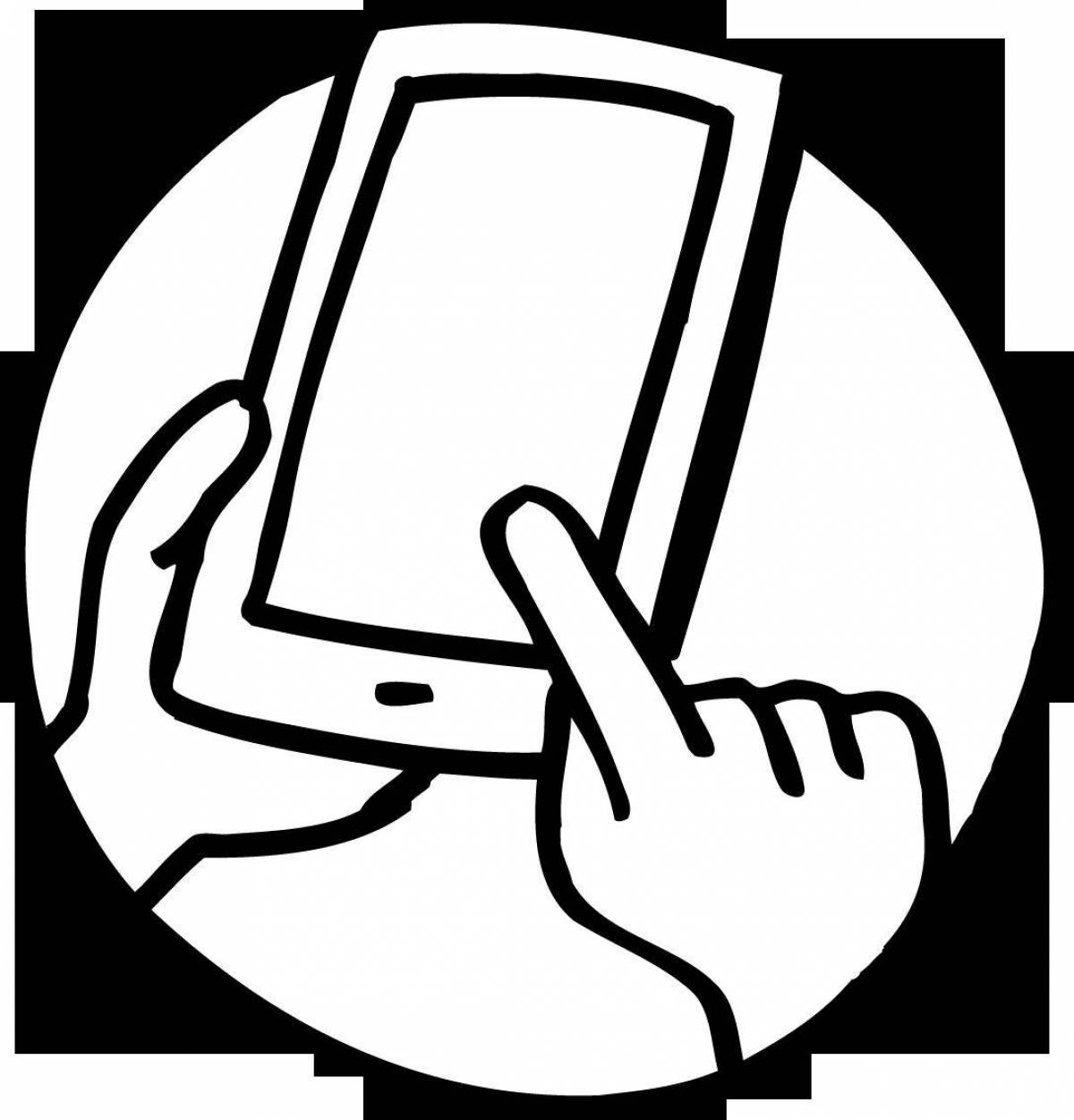 Игривая страница раскраски телефона с пальцем