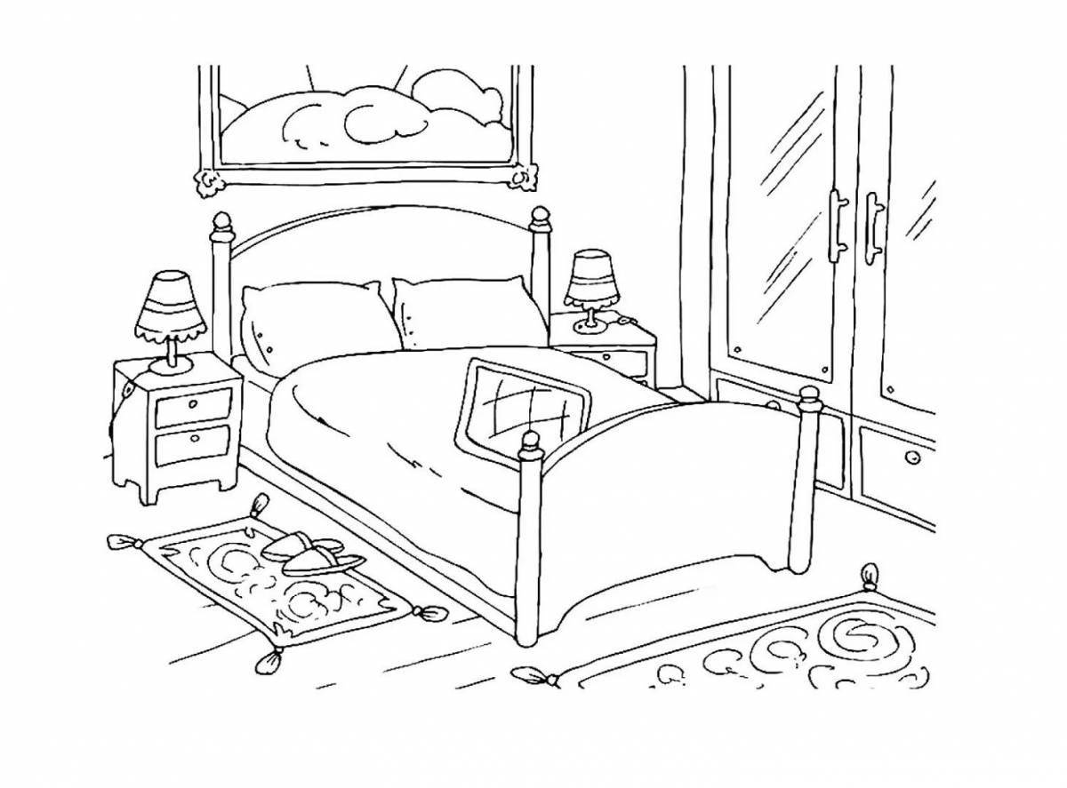 Detailed coloring page of a furnished apartment