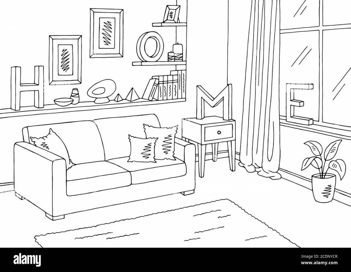 Coloring page exquisitely furnished apartment