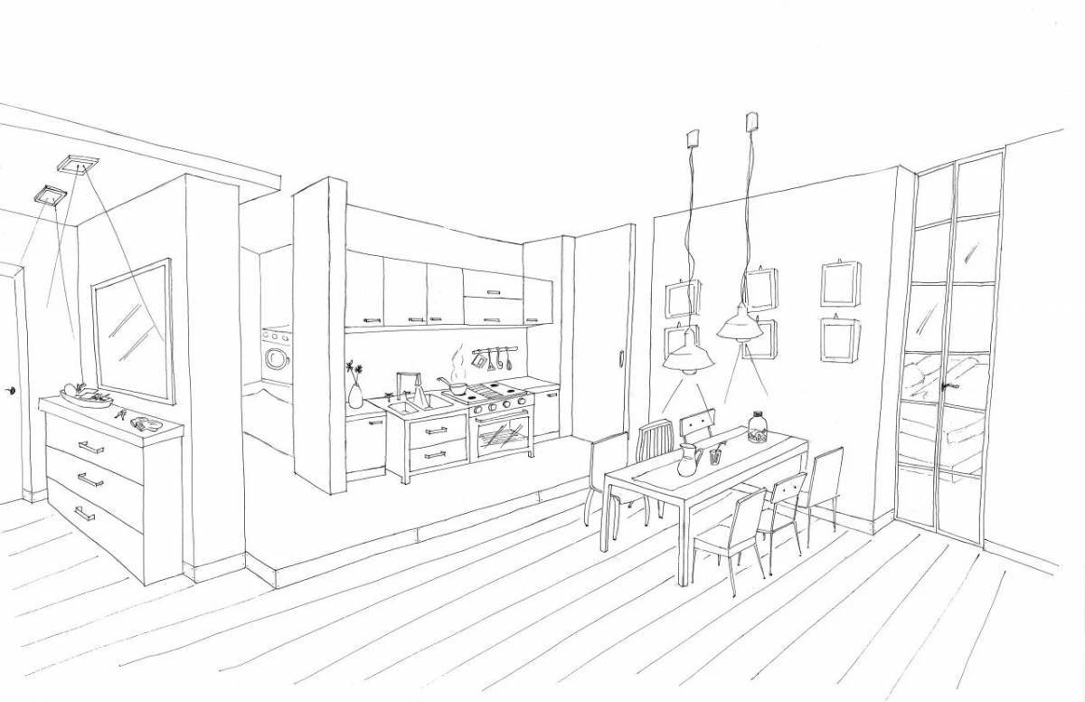 Coloring page fashionable furnished apartment