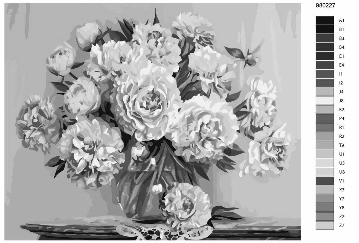 Joyful peonies coloring by numbers