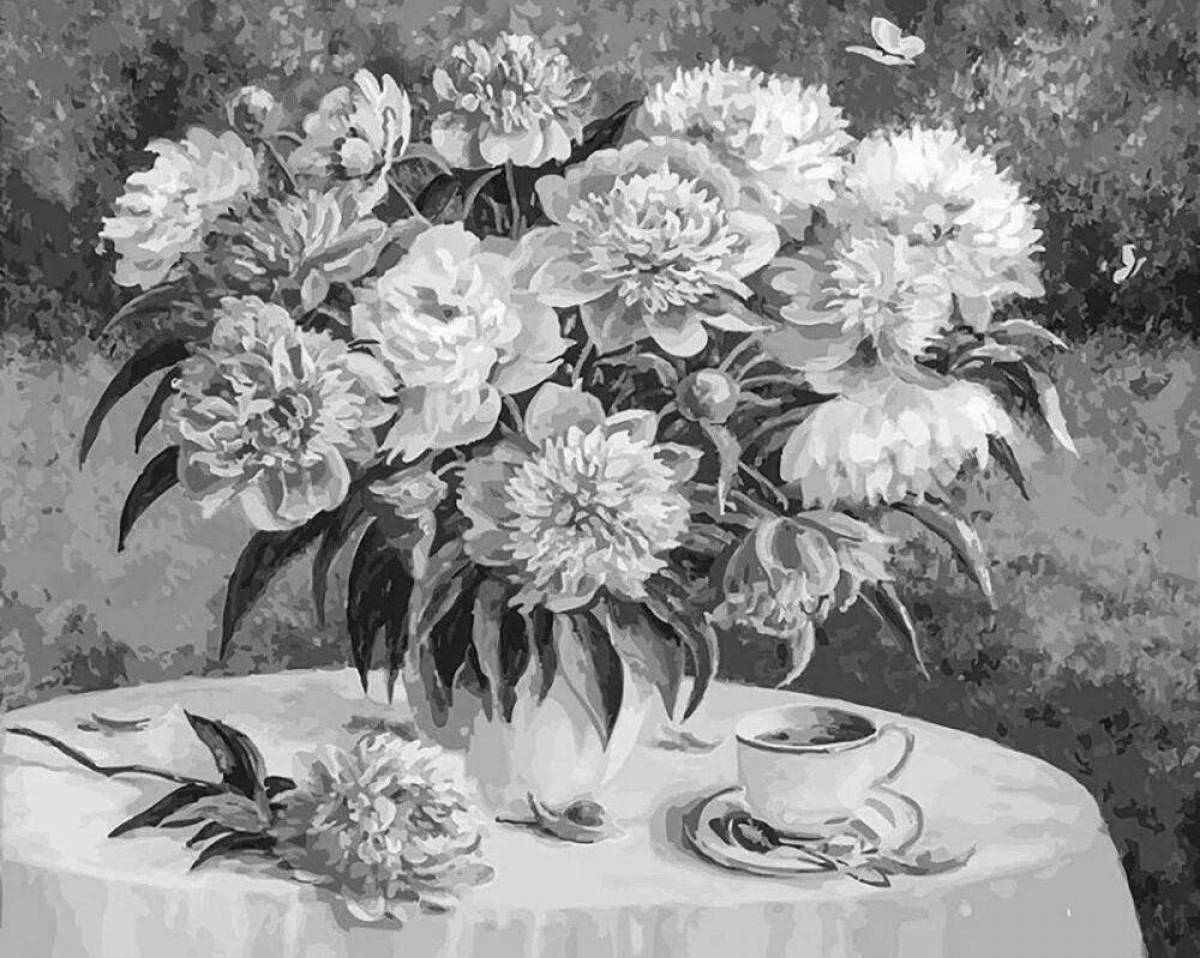 Glitter peonies coloring by numbers