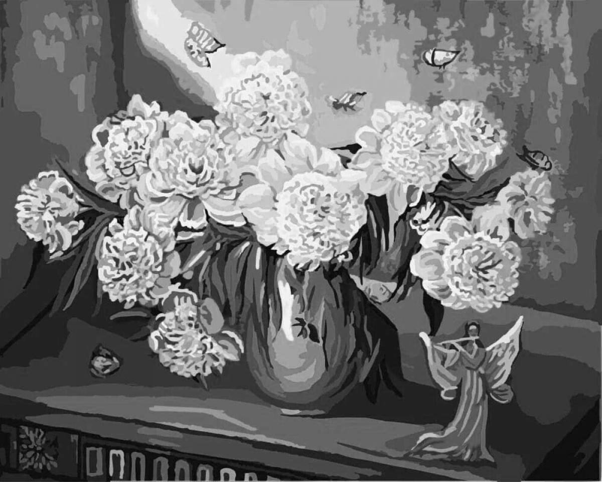 Joyful peonies coloring by numbers